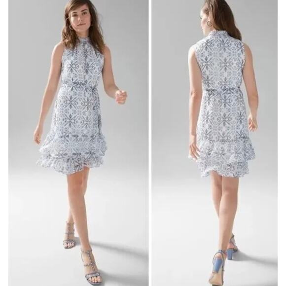 White House Black Market Dresses & Skirts - WHBM Blue Floral Dress Size Medium Sleeveless Tiered Resort Romance Style